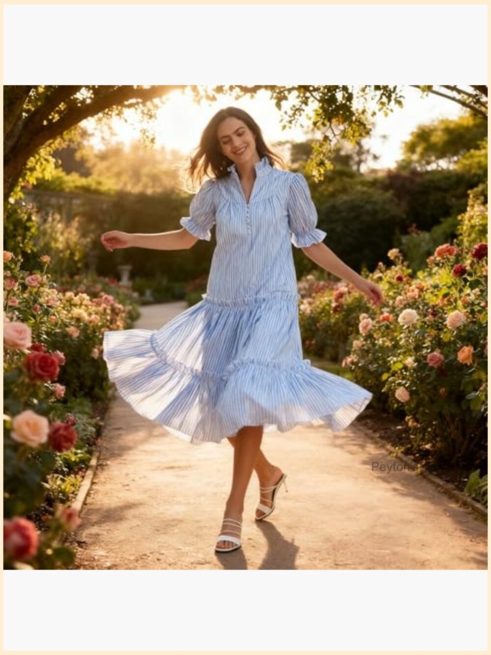 Women Casual Button Down Maxi Dress Short Puff Sleeves Stand Collar Tiered - Picture 3 of 7